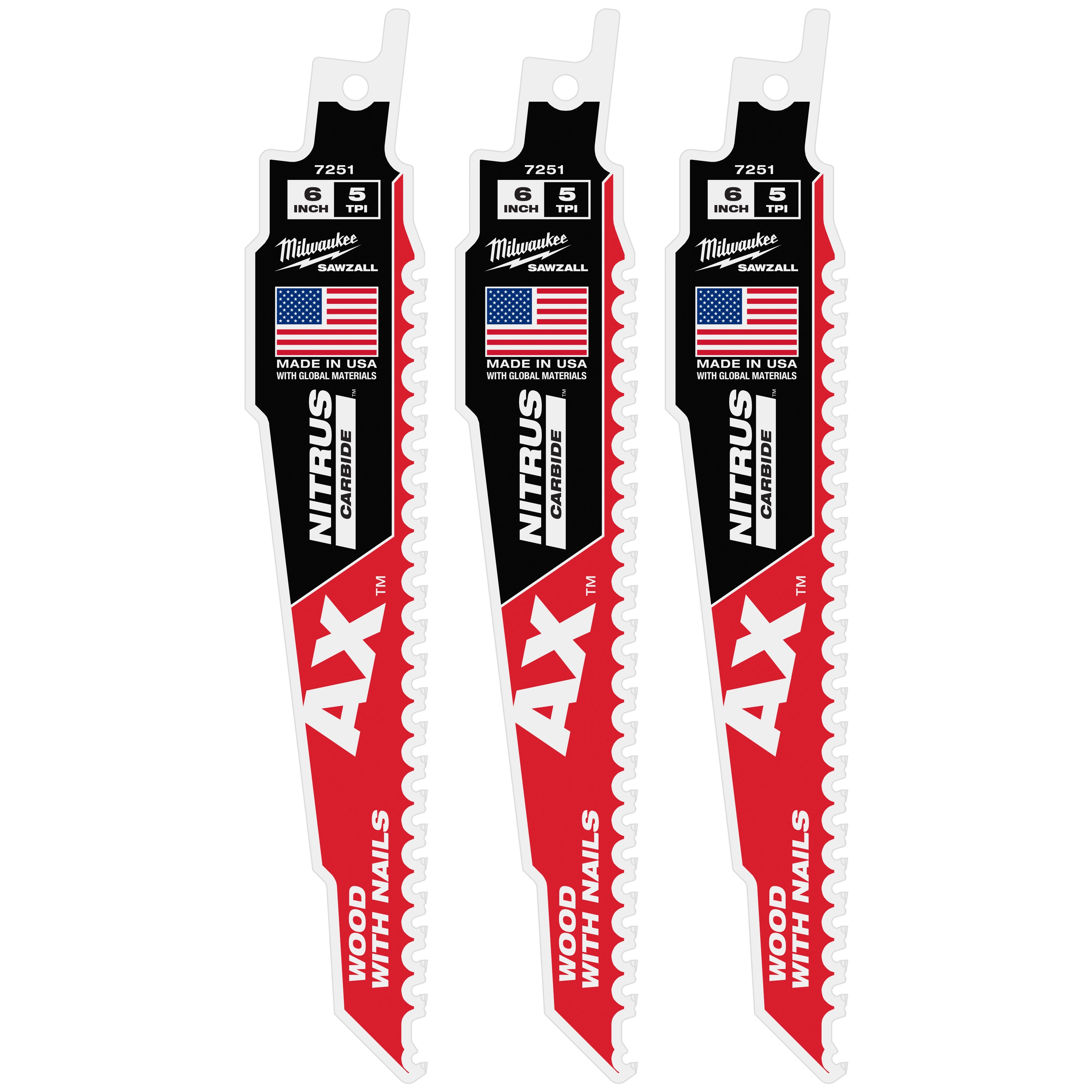 Three 6" 5 TPI AX™ w/NITRUS™ Carbide Teeth SAWZALL® blades for wood with nails are shown. Each blade, with a Made in the USA label, features a white, black, and red design with serrated edges, suited for cutting wood embedded with nails.