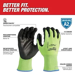 High Visibility Level 2 Cut Resistant Polyurethane Dipped Work Gloves feature reinforced nitrile coating, touchscreen compatibility, and are light and breathable.