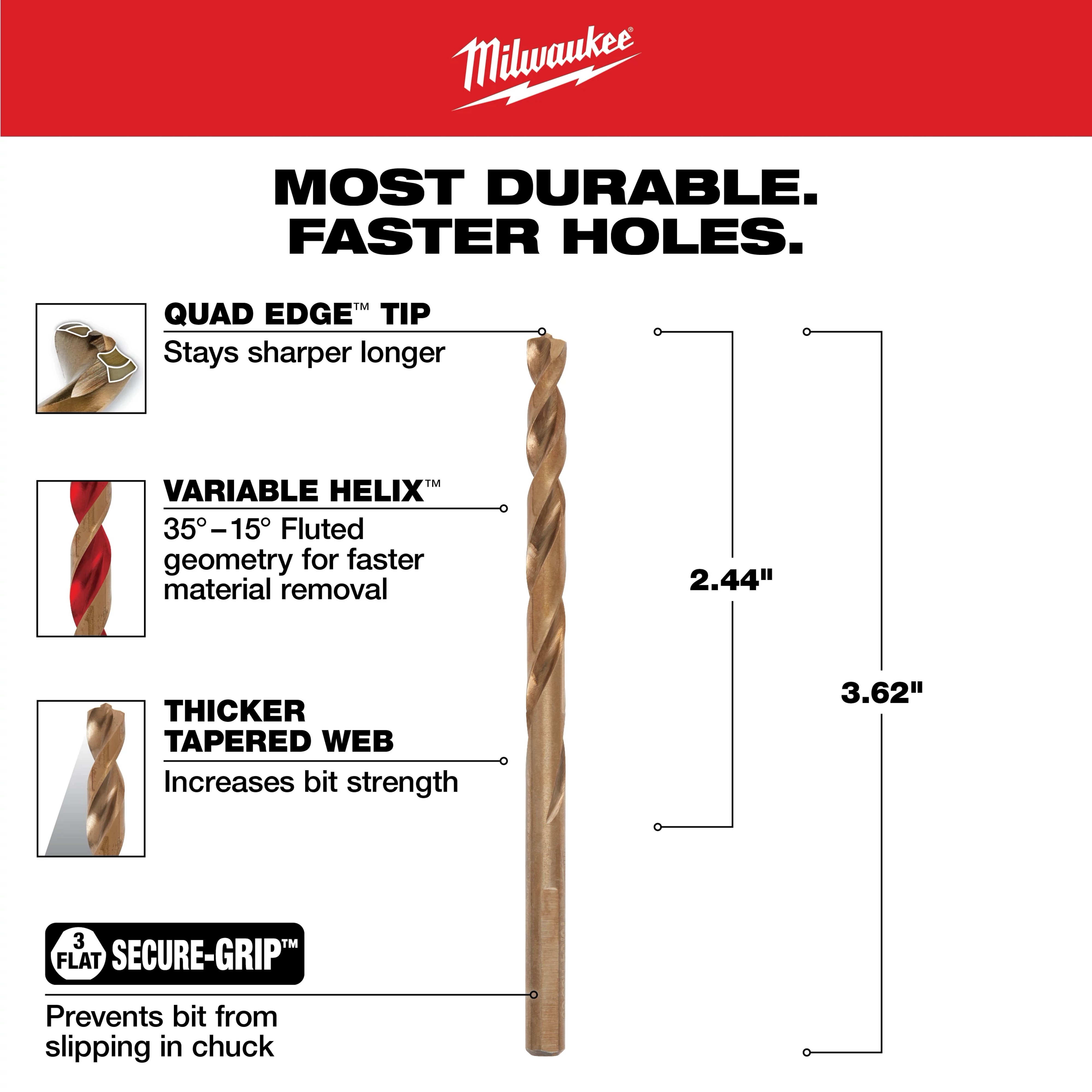The 13/64 in. Cobalt Red Helix Drill Bit features a Quad Edge tip, Variable Helix fluted geometry for faster material removal, Thicker Tapered Web for increased bit strength, and 3 Flat Secure-Grip to prevent slipping. Dimensions are 2.44 inches and 3.62 inches. The product claims durability and faster holes.