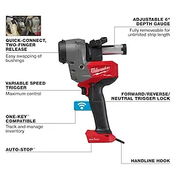 The M18 FUEL™ Covered Conductor Cable Stripper Kit w/ Adjustable Bushings is a red and black handheld tool featuring a quick-connect release, variable speed trigger, adjustable 6” depth gauge, forward/reverse/neutral trigger lock, ONE-KEY™ compatibility, auto-stop function, and a handle hook.