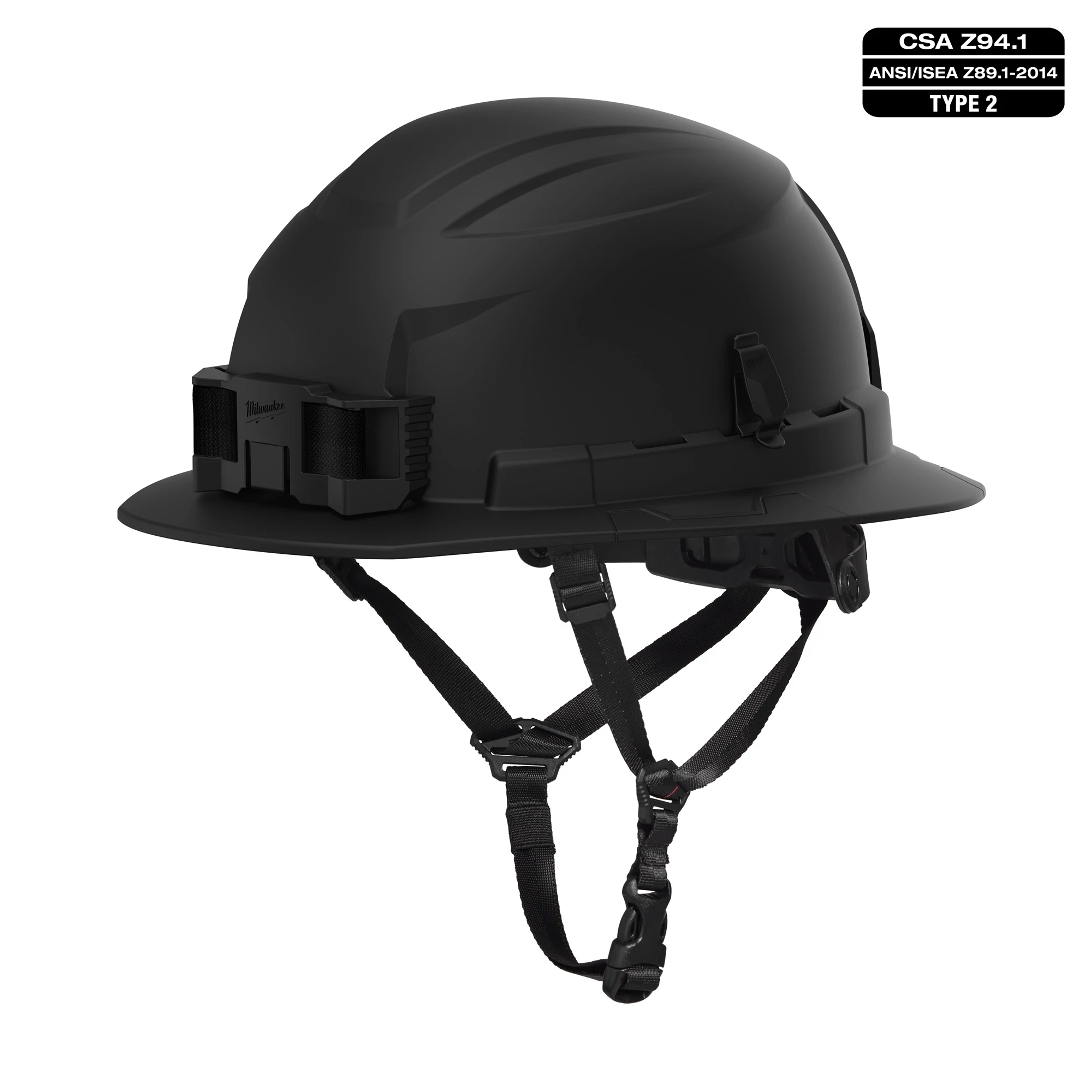 BOLT Black Full Brim Safety Helmet with 4-point ratcheting suspension. Type 2, Class E certified. Adjustable chin strap included.
