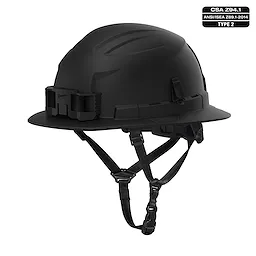 BOLT Black Full Brim Safety Helmet with 4-point ratcheting suspension. Type 2, Class E certified. Adjustable chin strap included.