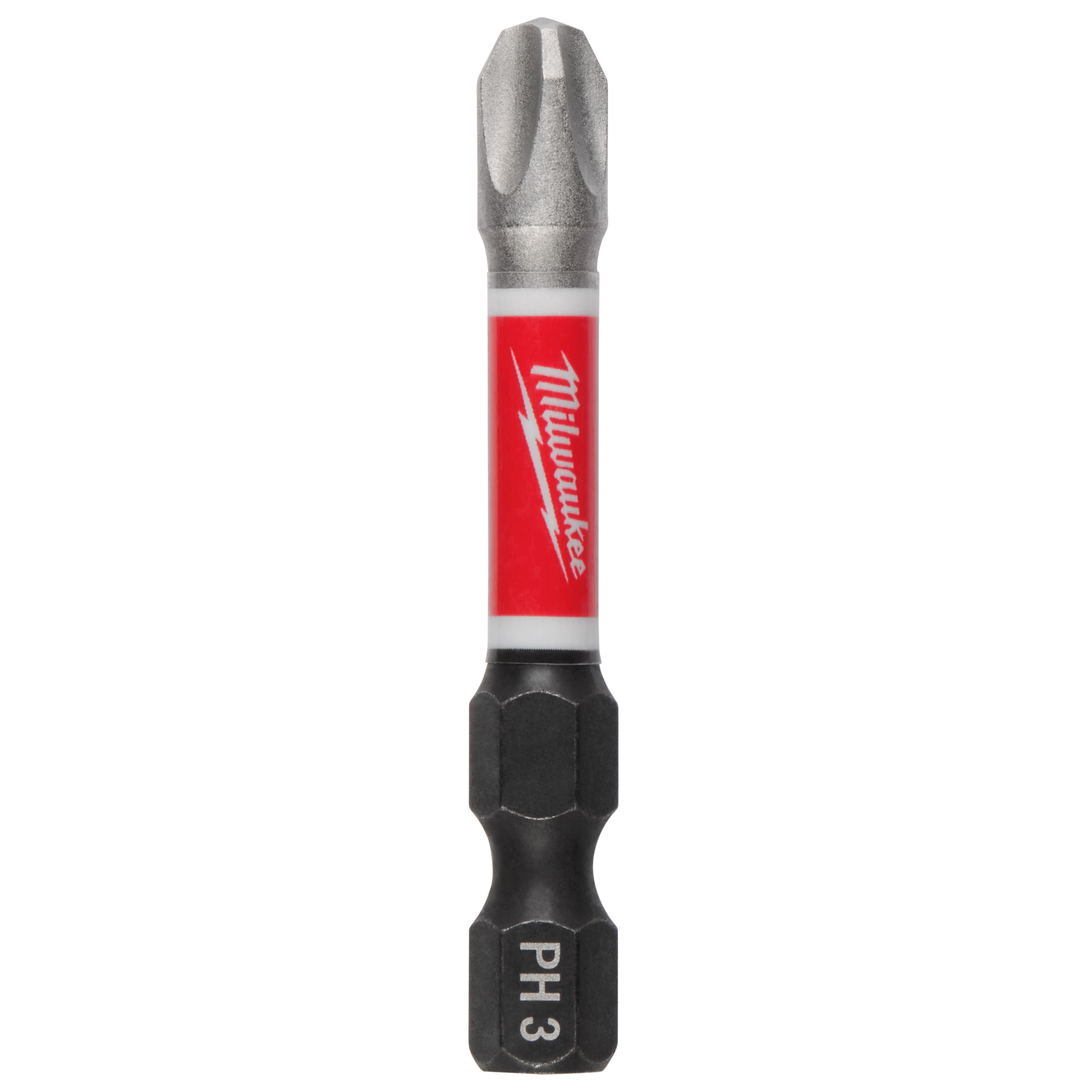 The image shows a SHOCKWAVE™ 2” Impact Duty Phillips #3 Power Bit. It features a red and white Milwaukee logo in the middle and has a black hex shank labeled "PH 3" at the bottom.