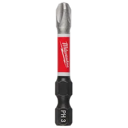 The image shows a SHOCKWAVE™ 2” Impact Duty Phillips #3 Power Bit. It features a red and white Milwaukee logo in the middle and has a black hex shank labeled "PH 3" at the bottom.