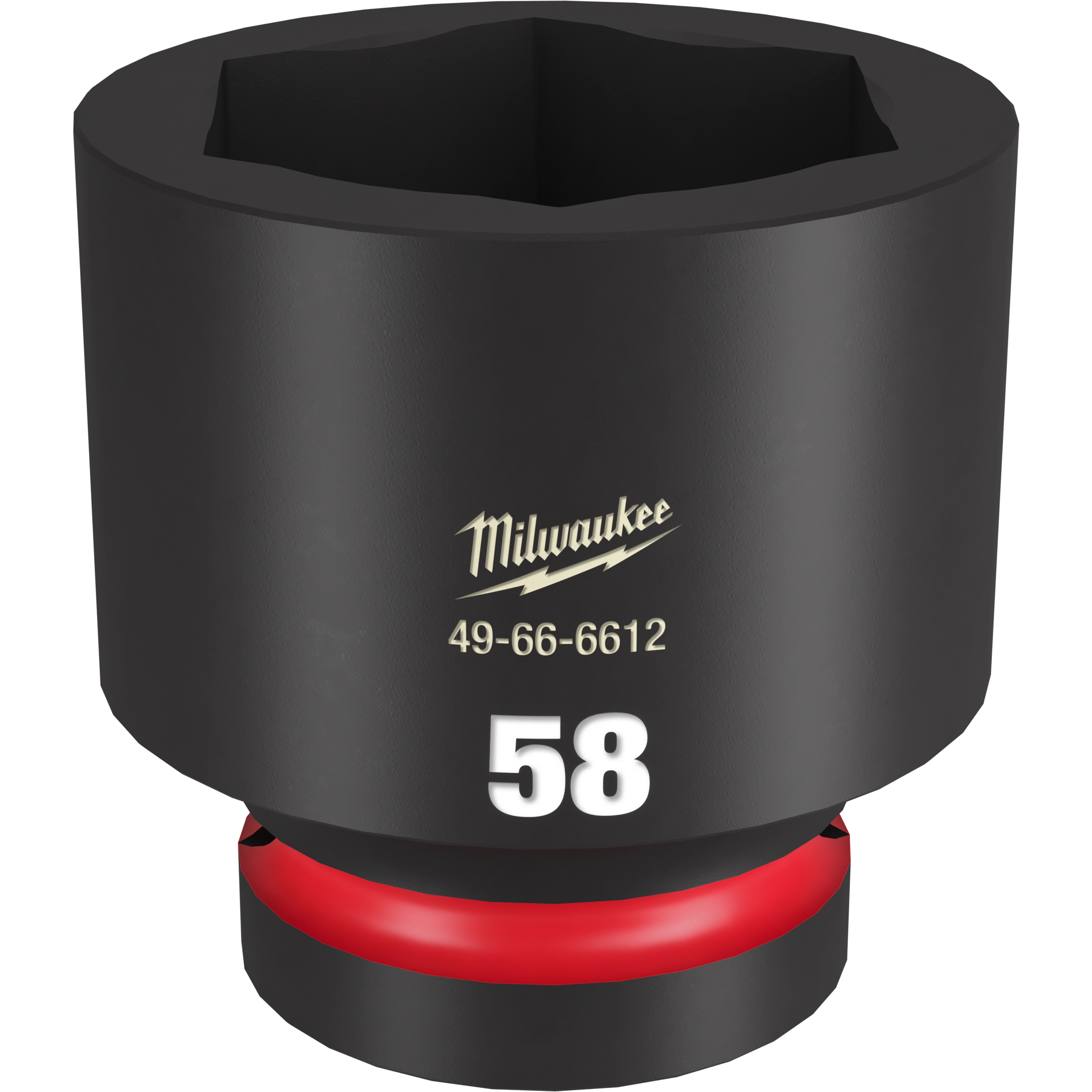 1" DR 58MM STD IMPACT SOCKET shown in black. It has a red ring near the base of the socket, and the number 58 in white.