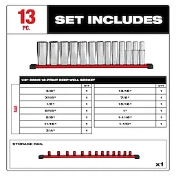 This image displays the 13pc 1/2” Drive 12-Point Deep Well SAE Socket Set, including sizes from 3/8" to 1-1/8". It shows the sockets organized on a red storage rail. The set includes detailed sizing information for each socket.