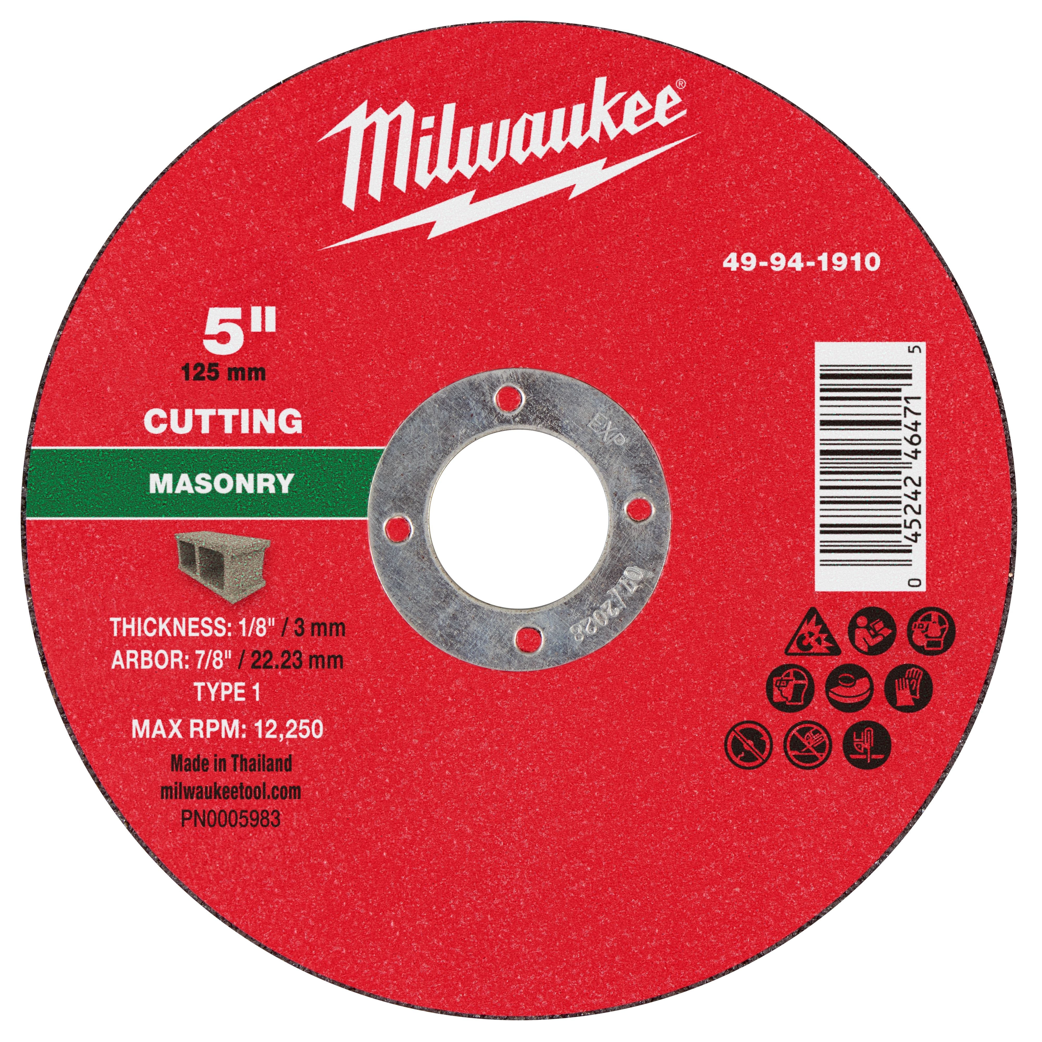 5" x 1/8" x 7/8" masonry cut-off wheel, Type 1, with text and symbols indicating specifications and usage instructions.