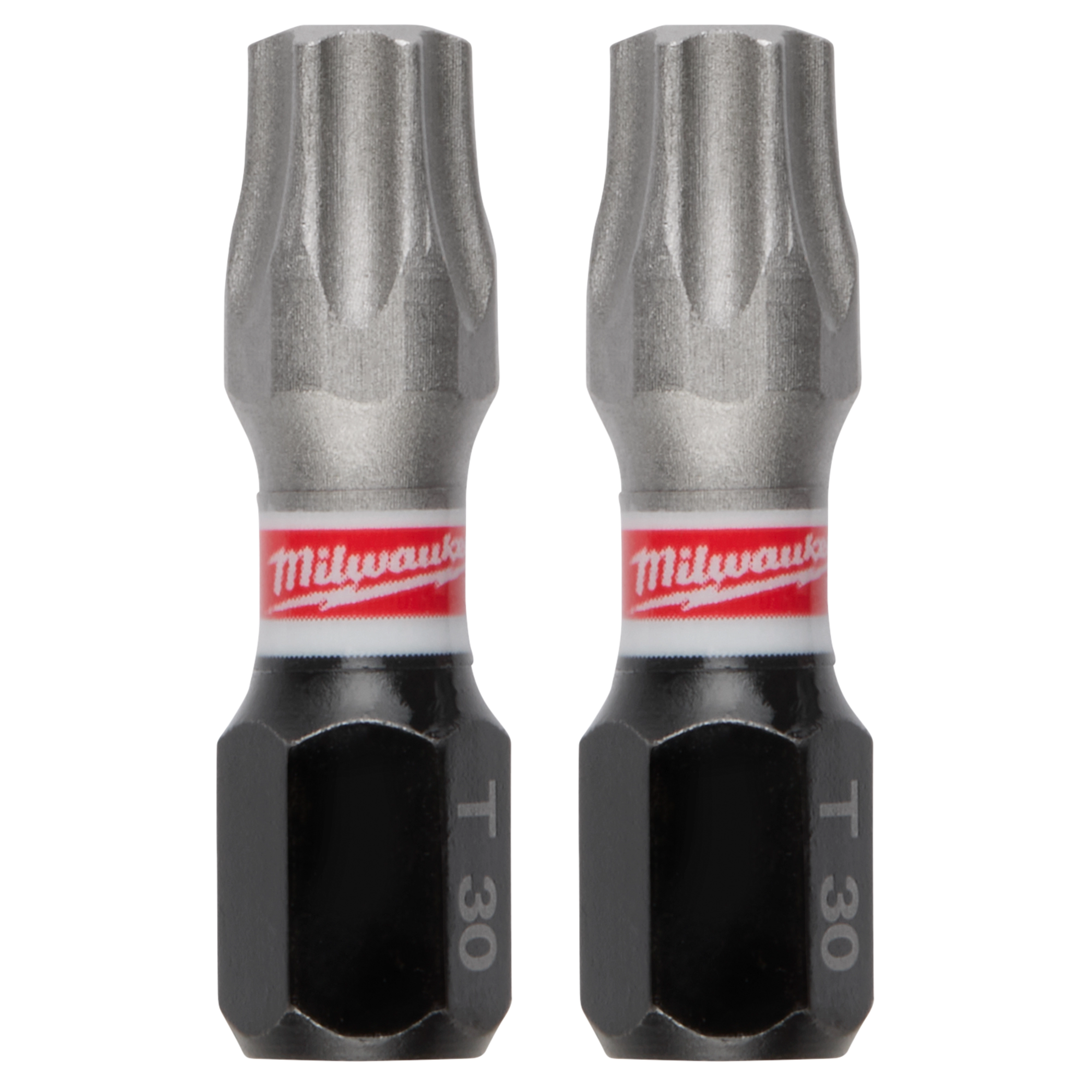 This image shows two SHOCKWAVE™ 1" Impact Duty TORX® T30 Insert Bits (2 PK) from Milwaukee. Each bit has a silver top, a red and white Milwaukee label in the middle, and a black base marked with "T 30."