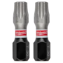 This image shows two SHOCKWAVE™ 1" Impact Duty TORX® T30 Insert Bits (2 PK) from Milwaukee. Each bit has a silver top, a red and white Milwaukee label in the middle, and a black base marked with "T 30."