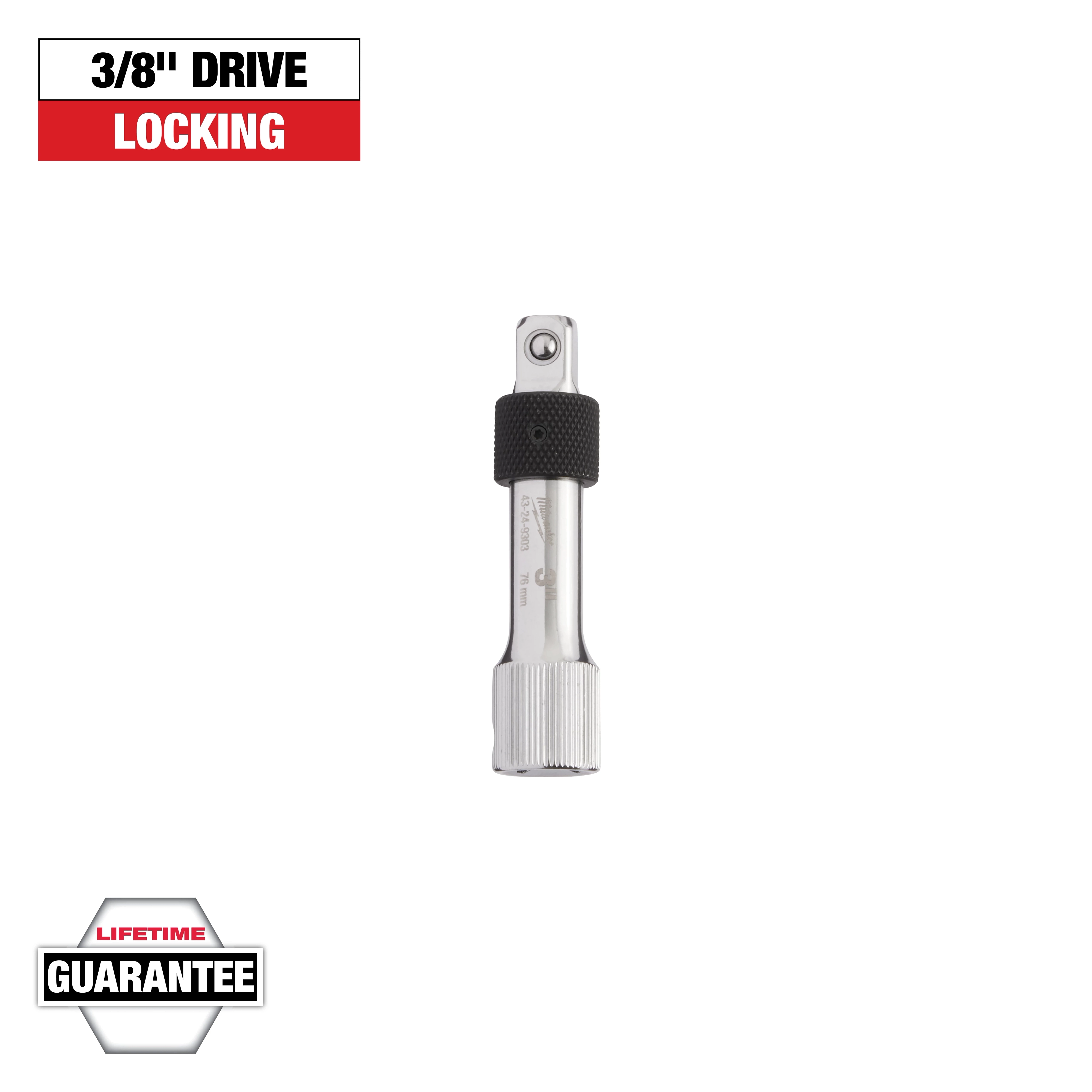 The image shows a 3/8-inch drive locking extension bar. It features a metal body with a knurled grip and is labeled with "lifetime guarantee" in a hexagon shape at the bottom.