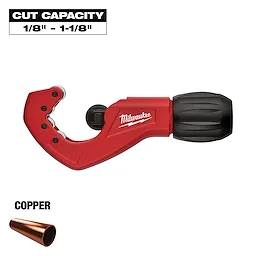 Milwaukee copper tubing cutter with a red body and black handle. The cut capacity is 1/8 inch to 1-1/8 inch. Designed for cutting copper pipes.