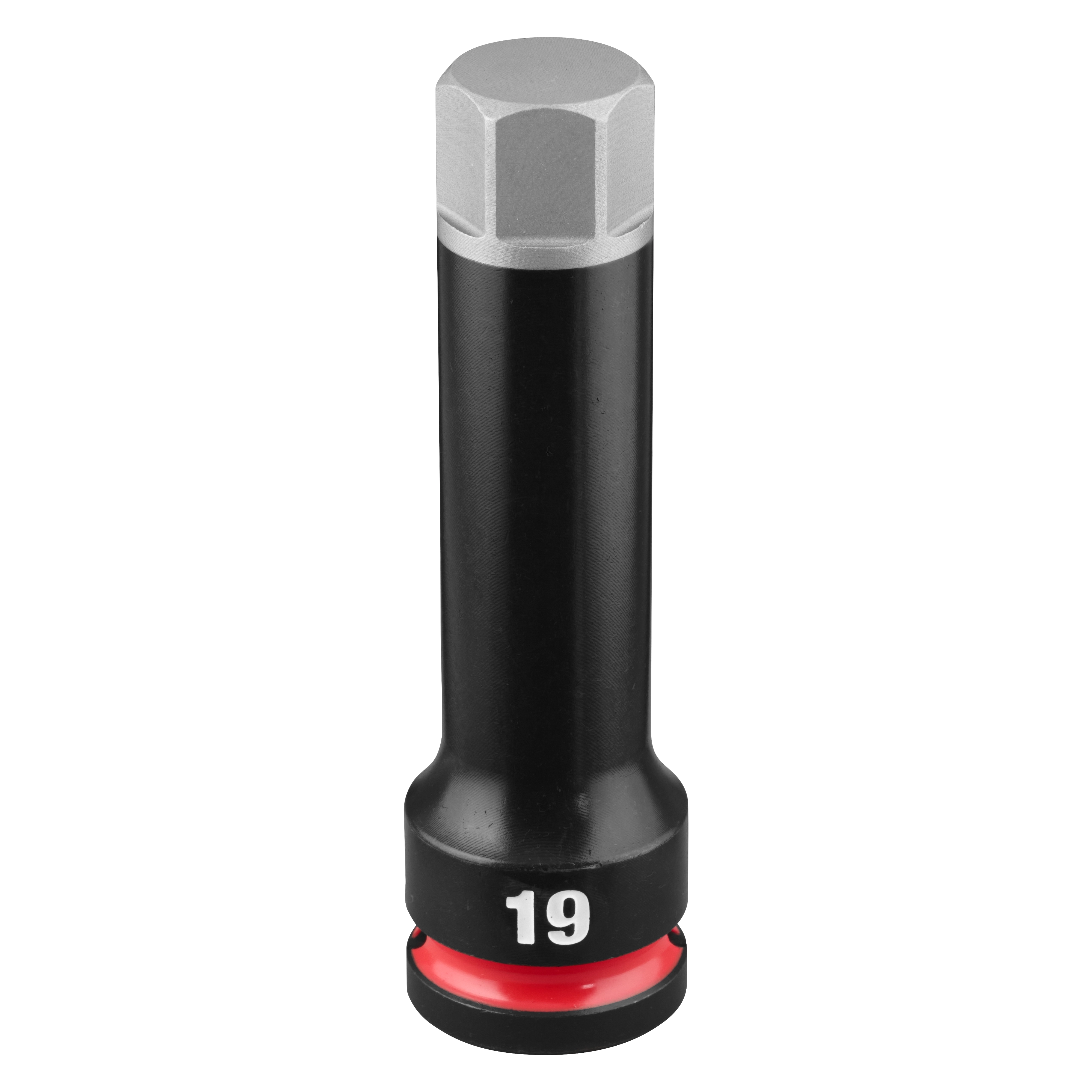 SHOCKWAVE Impact Duty 1/2" Drive 4" Hex 19mm Bit Socket standing upright on a plain background.