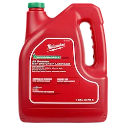 The 1 Gallon Biodegradable All Season Bar and Chain Lubricant by Milwaukee is shown in a red container with a green cap. The label highlights it is for use with all chainsaws and pole saws, offers controlled pouring, and washes off clothes and concrete.