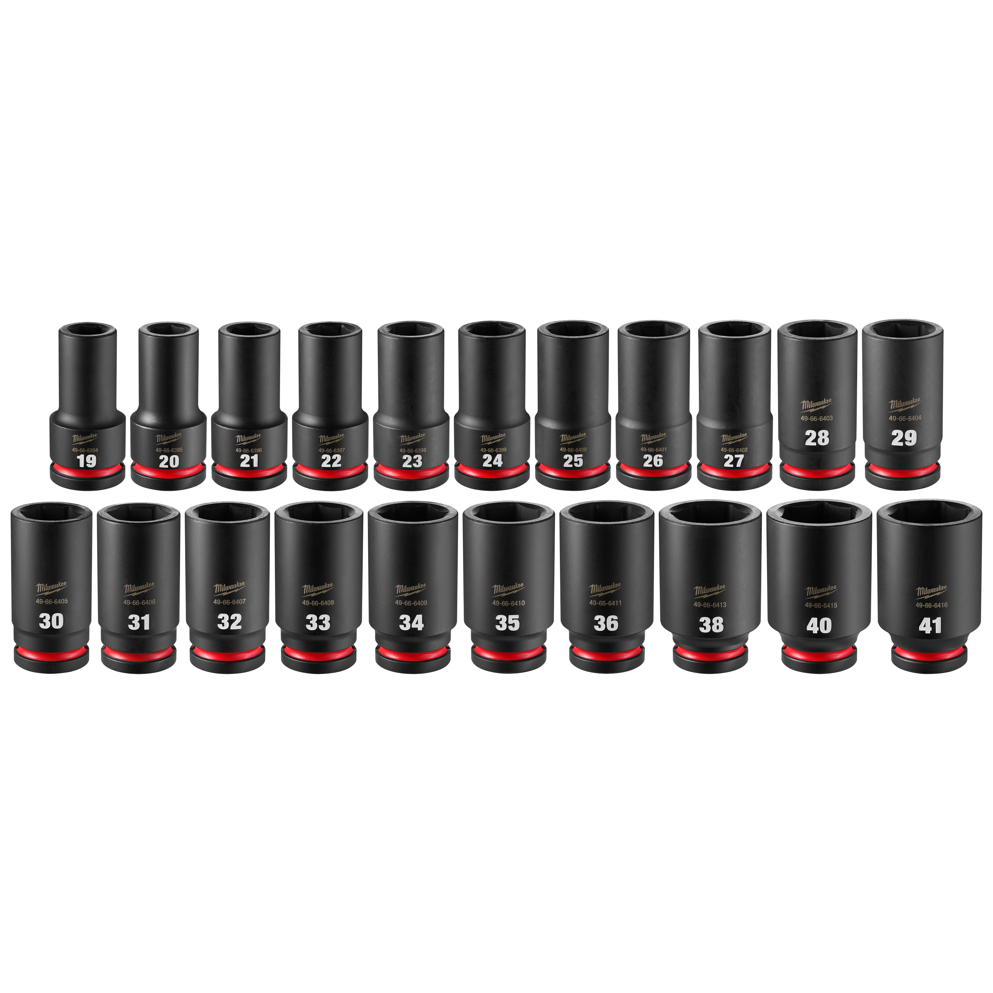 21PC SHOCKWAVE Impact Duty 3/4" Drive Metric Deep Socket Set with PACKOUT. Black sockets labeled with sizes 19-41 in two rows.