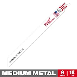 The Milwaukee Sawzall blade is designed for medium metal cutting. It measures 9 inches in length with 18 teeth per inch, featuring a white background with red lettering, and includes an American flag graphic.
