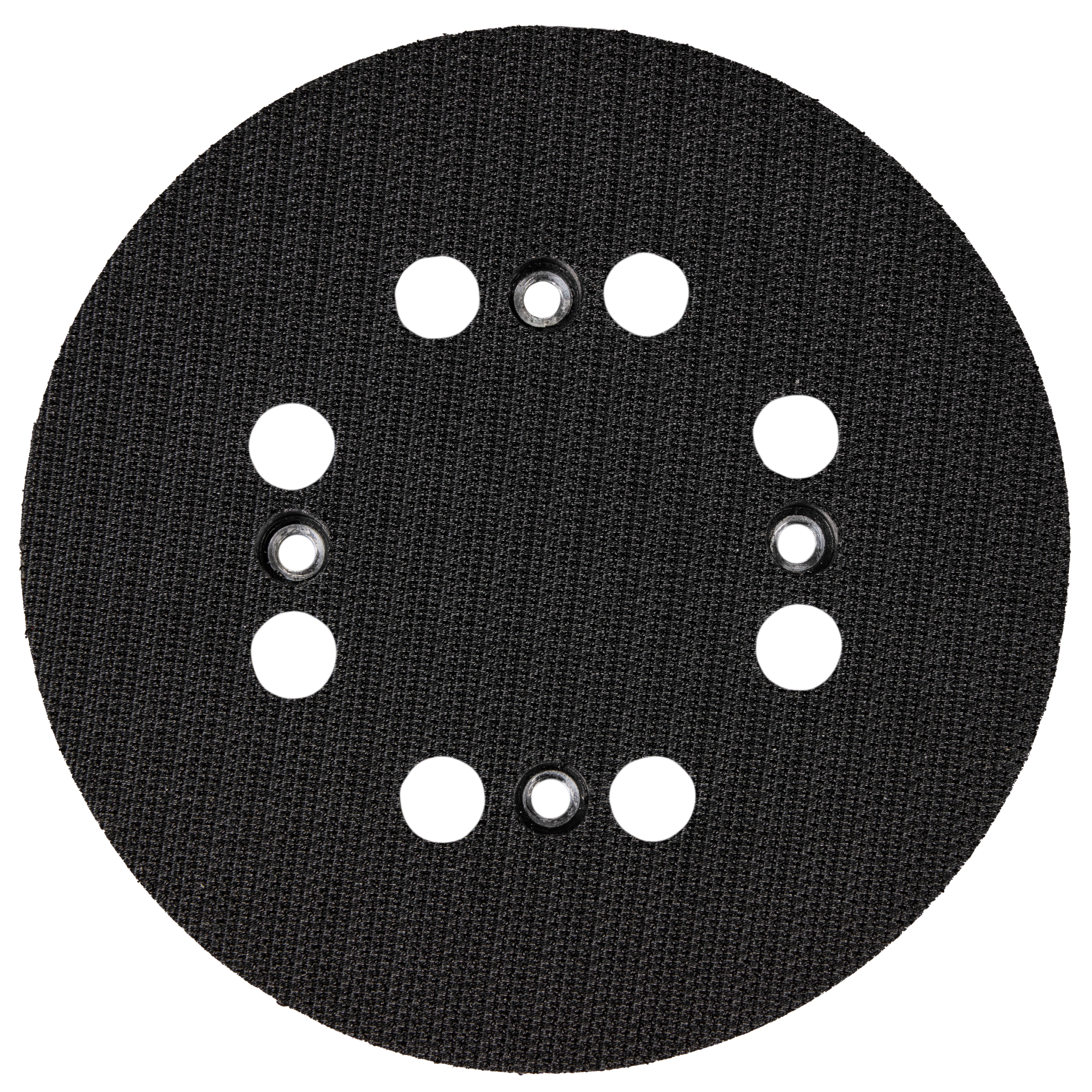The image depicts an M18 FUEL 5" Random Orbital Sander Replacement Backing Pad. It appears as a circular sanding pad with multiple holes for dust extraction and compatibility with the sander.