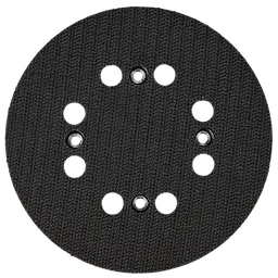 The image depicts an M18 FUEL 5" Random Orbital Sander Replacement Backing Pad. It appears as a circular sanding pad with multiple holes for dust extraction and compatibility with the sander.