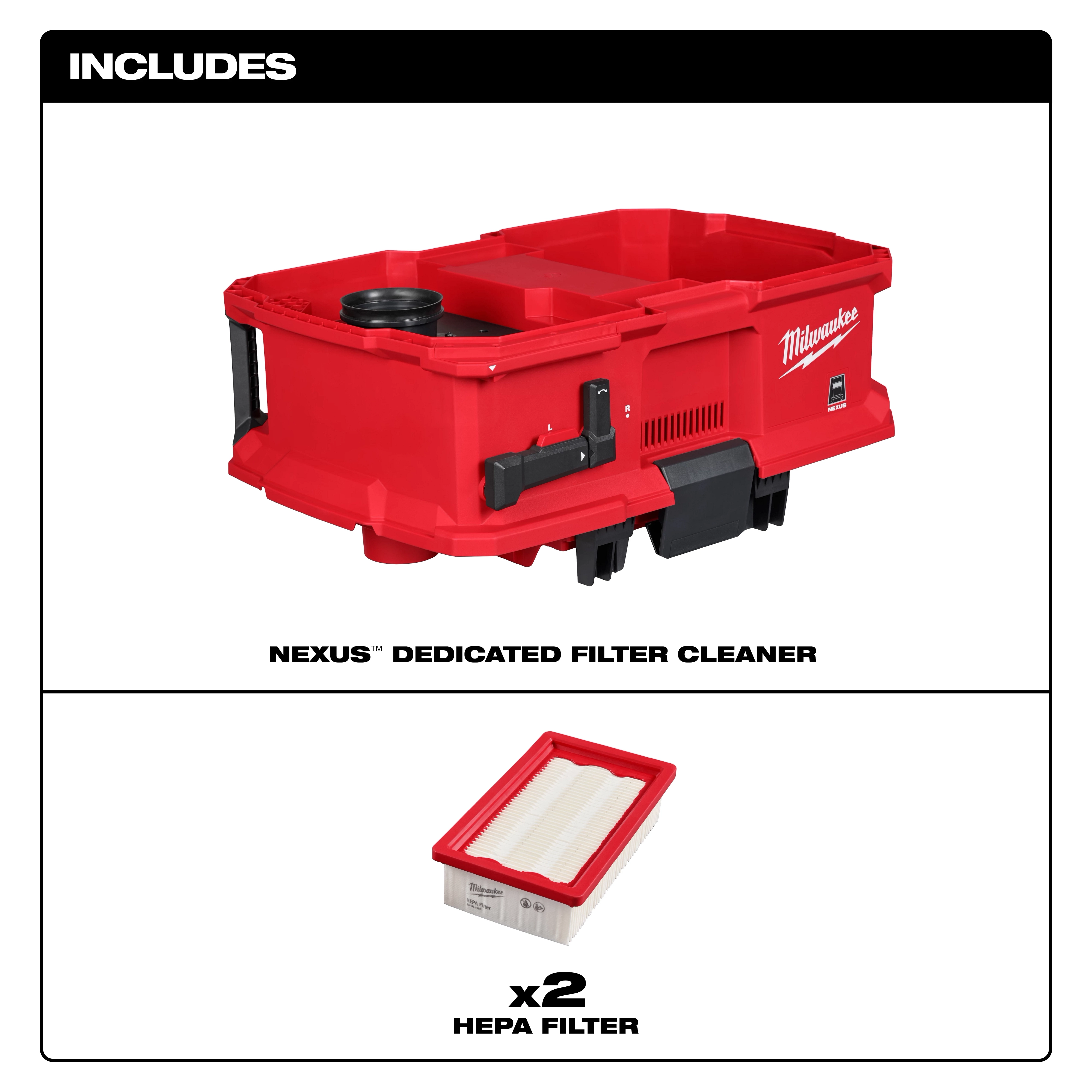 NEXUS™ Dedicated Filter Cleaner includes a red, rectangular, plastic unit with side handles and two HEPA filters shown separately. The filters are white with red borders.