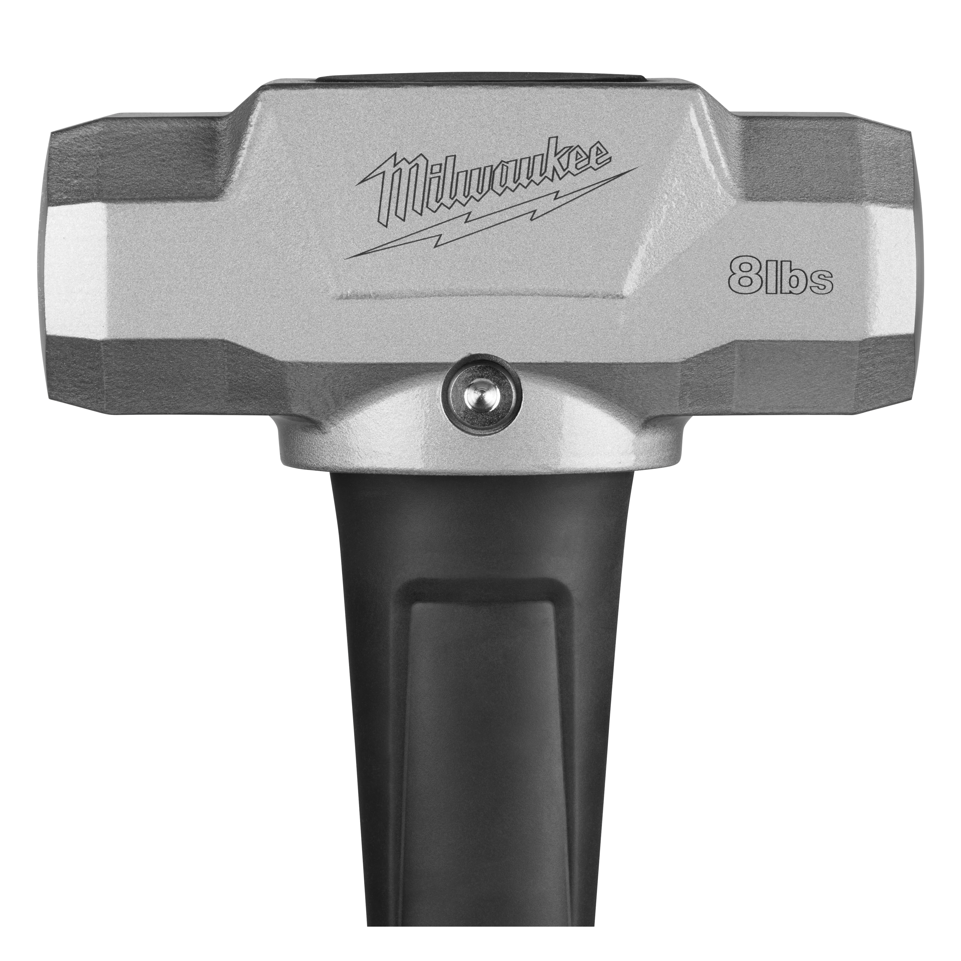 Milwaukee 8lb Sledge Hammer with a 36-inch handle, featuring a silver head marked with weight and brand logo, and a black grip.