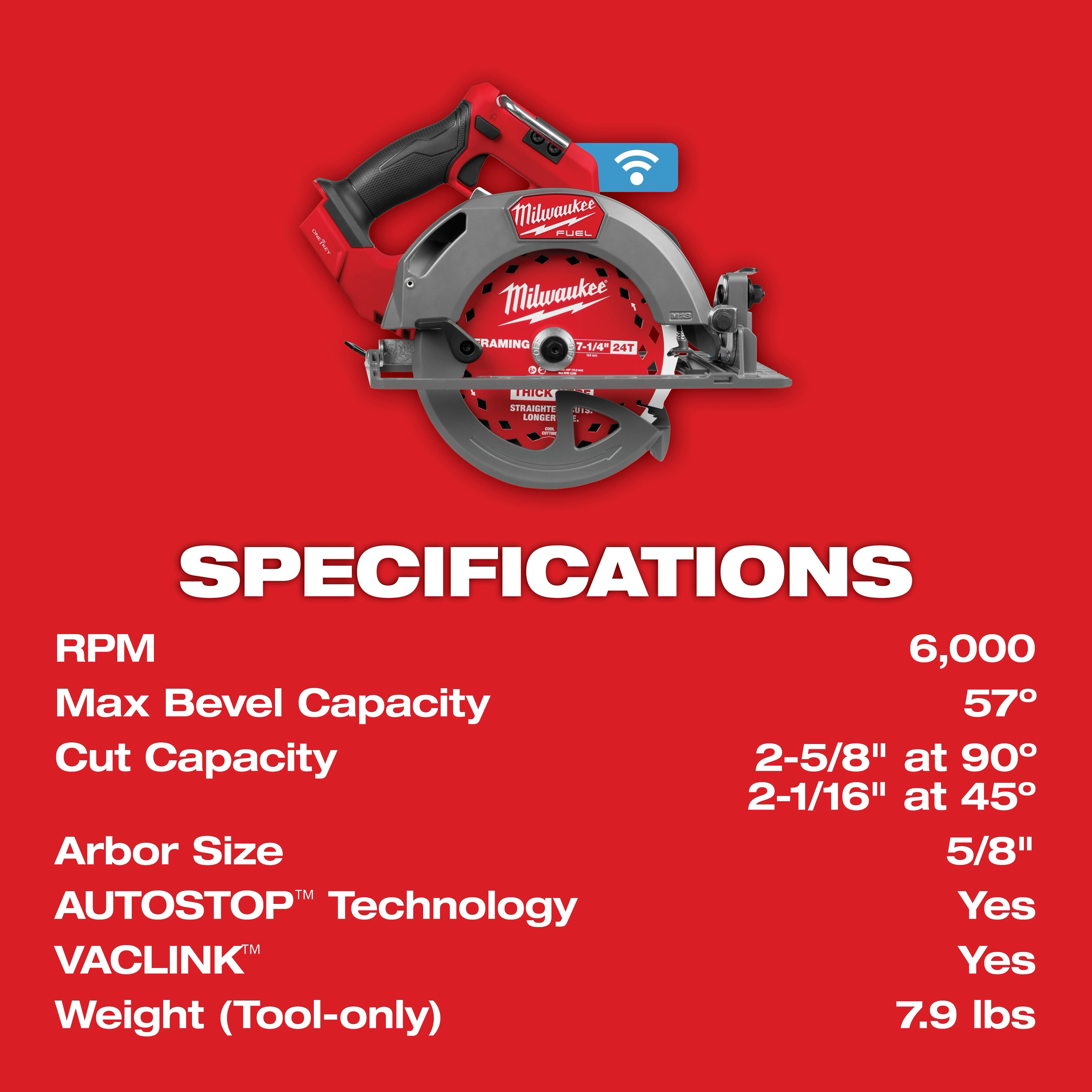 The M18 FUEL™ 7-1/4" Circular Saw w/ ONE-KEY™ is red with a black handle and blade guard. Specifications include 6,000 RPM, 53° max bevel capacity, 2-5/8" cut at 90°, 2-1/16" at 45°, 5/8" arbor size, AUTOSTOP™ Technology, VACLINK™, and 7.9 lbs weight tool-only.