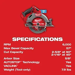 The M18 FUEL™ 7-1/4" Circular Saw w/ ONE-KEY™ is red with a black handle and blade guard. Specifications include 6,000 RPM, 53° max bevel capacity, 2-5/8" cut at 90°, 2-1/16" at 45°, 5/8" arbor size, AUTOSTOP™ Technology, VACLINK™, and 7.9 lbs weight tool-only.