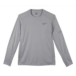 Gray Milwaukee WORKSKIN Lightweight Performance Shirt with long sleeves, crewneck, and brand logos on the chest and left sleeve.