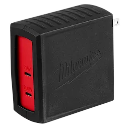 The 120W USB-C Wall Adapter is a black and red charger featuring two USB-C ports, one labeled 20W and the other 100W.