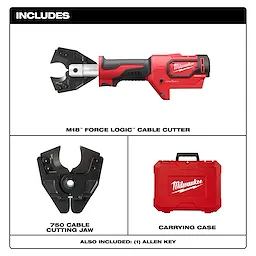 The M18™ FORCE LOGIC™ Cable Cutter set includes the main cable cutter tool, a 750 cable cutting jaw, a red carrying case, and one Allen key. The cable cutter features a durable, ergonomic design and is compatible with ONE-KEY™ technology for enhanced performance and ease of use.