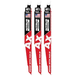 The image features a 3-pack of 9” 5 TPI AX™ with NITRUS™ Carbide Teeth SAWZALL® Blades for Wood with Nails. The blades are red and white with black accents, and they include the branding and specifications.