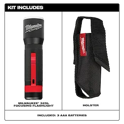 The Kit Includes a Milwaukee 325L Focusing Flashlight, a holster, and three AAA batteries.