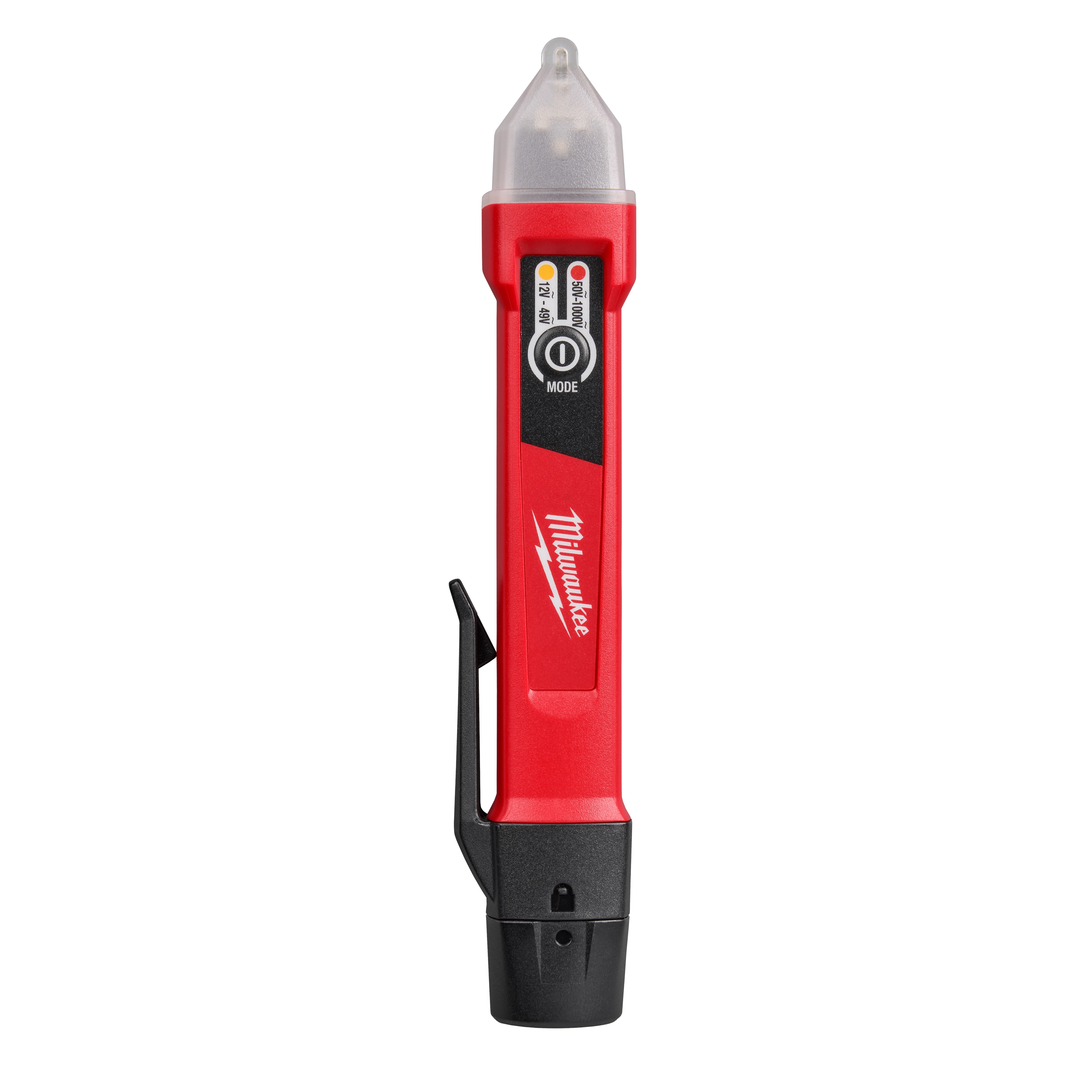 Milwaukee Voltage Detector pen with flashlight. Features include an on/off button, branded label, and pocket clip on the side.