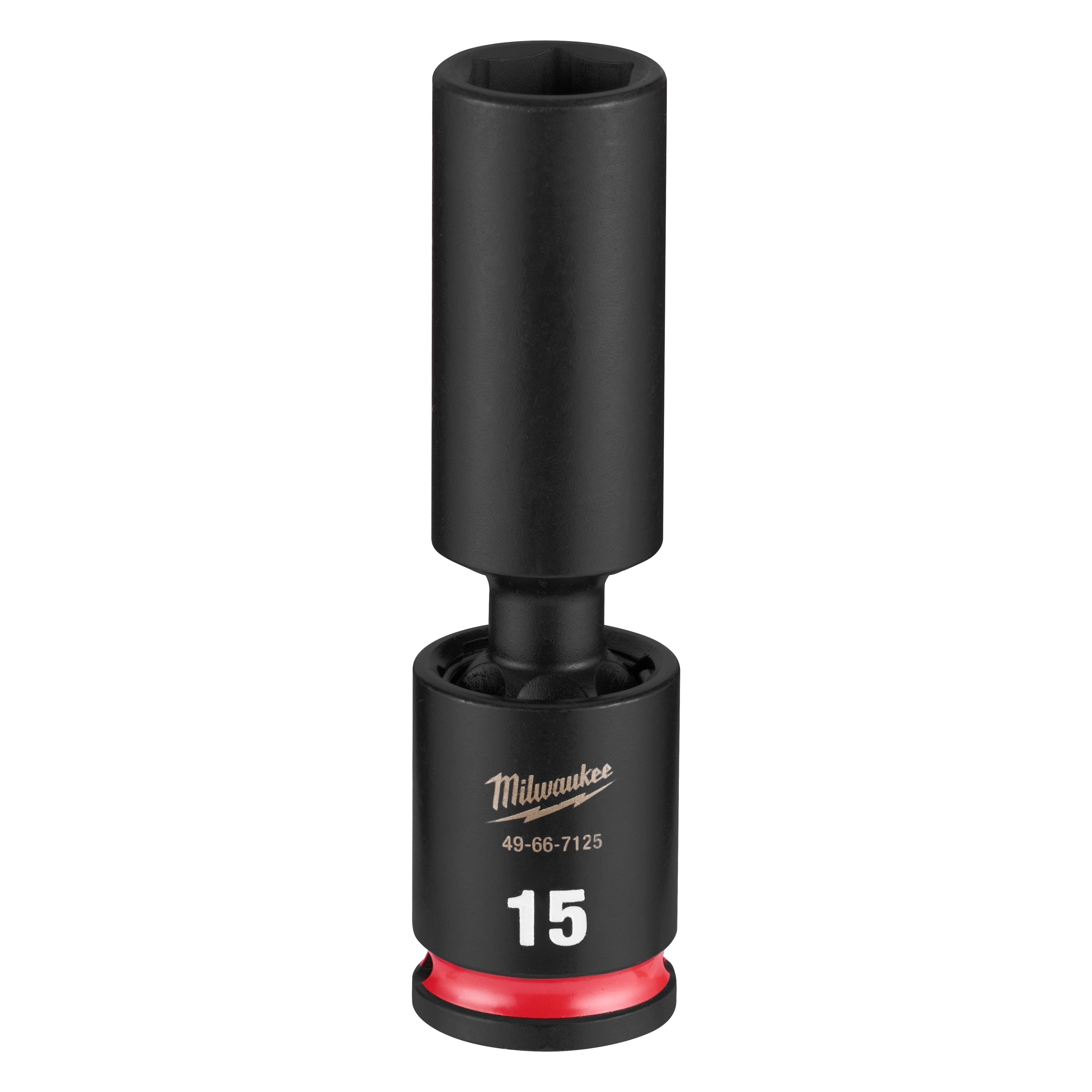 SHOCKWAVE Impact Duty 3/8" Drive 15MM Deep Swivel Socket standing upright on a plain background.