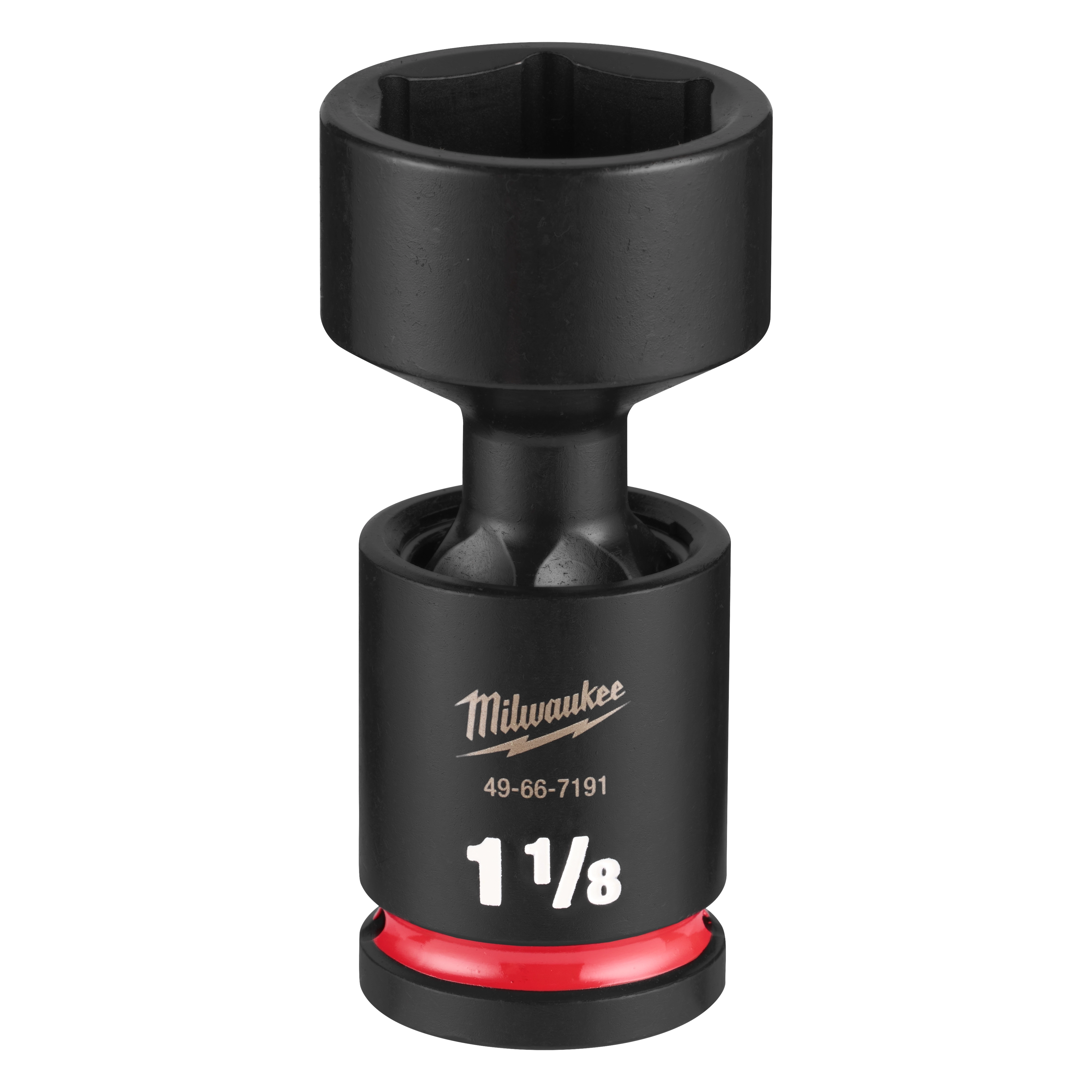Black SHOCKWAVE Impact Duty 1/2" Drive 1-1/8" Standard Swivel Socket with red ring on a plain background.