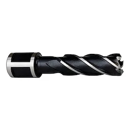 HSS Annular Cutter with a black and silver spiral design, used for drilling precise holes in metal and other materials.