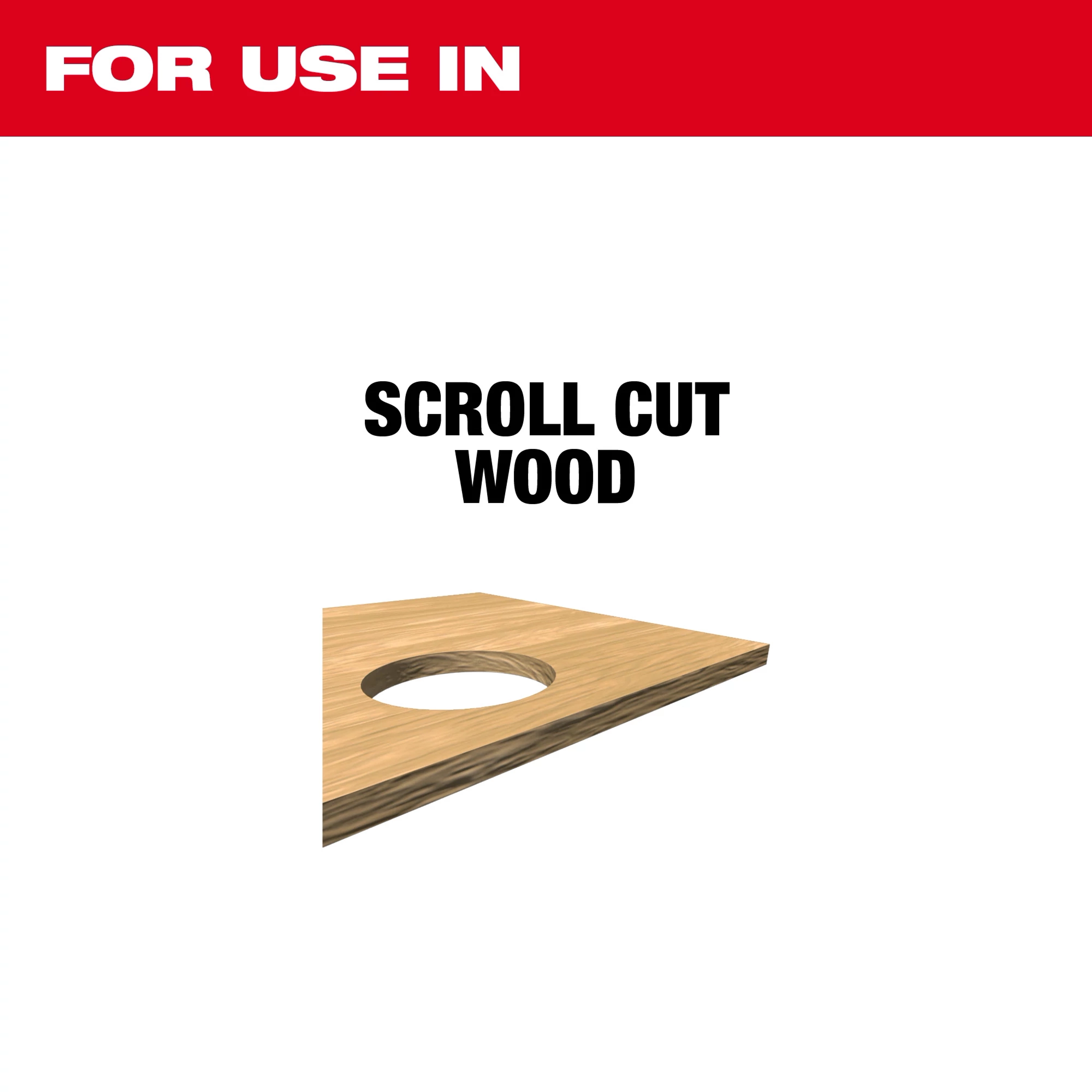 3" 20TPI T-Shank Wood Bi-Metal Jig Saw Blades 5PK for use in scroll cut wood. Image of a wood piece with a circular cutout.