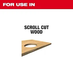 3" 20TPI T-Shank Wood Bi-Metal Jig Saw Blades 5PK for use in scroll cut wood. Image of a wood piece with a circular cutout.