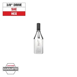 This image shows a 3/8-inch drive SAE hex bit by Milwaukee. It also displays a "Lifetime Guarantee" badge at the bottom and highlights the bit's type and size at the top left corner with "3/8" DRIVE" and "HEX" in bold text.