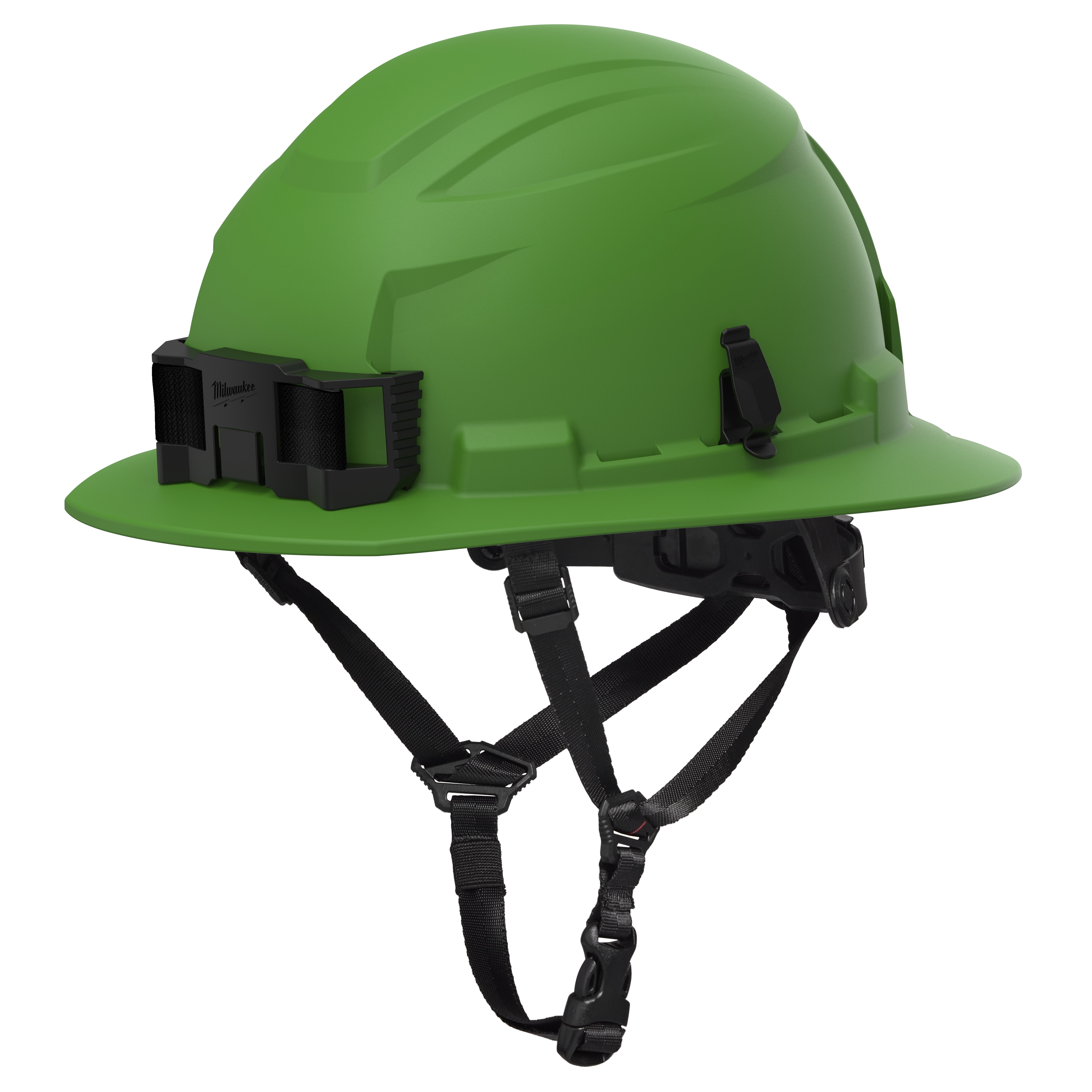 The BOLT™ Green Full Brim Non-Vented Safety Helmet – Type 2, Class E is a green safety helmet featuring a full brim design, non-vented exterior, and adjustable chin strap for secure fit.