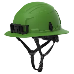The BOLT™ Green Full Brim Non-Vented Safety Helmet – Type 2, Class E is a green safety helmet featuring a full brim design, non-vented exterior, and adjustable chin strap for secure fit.
