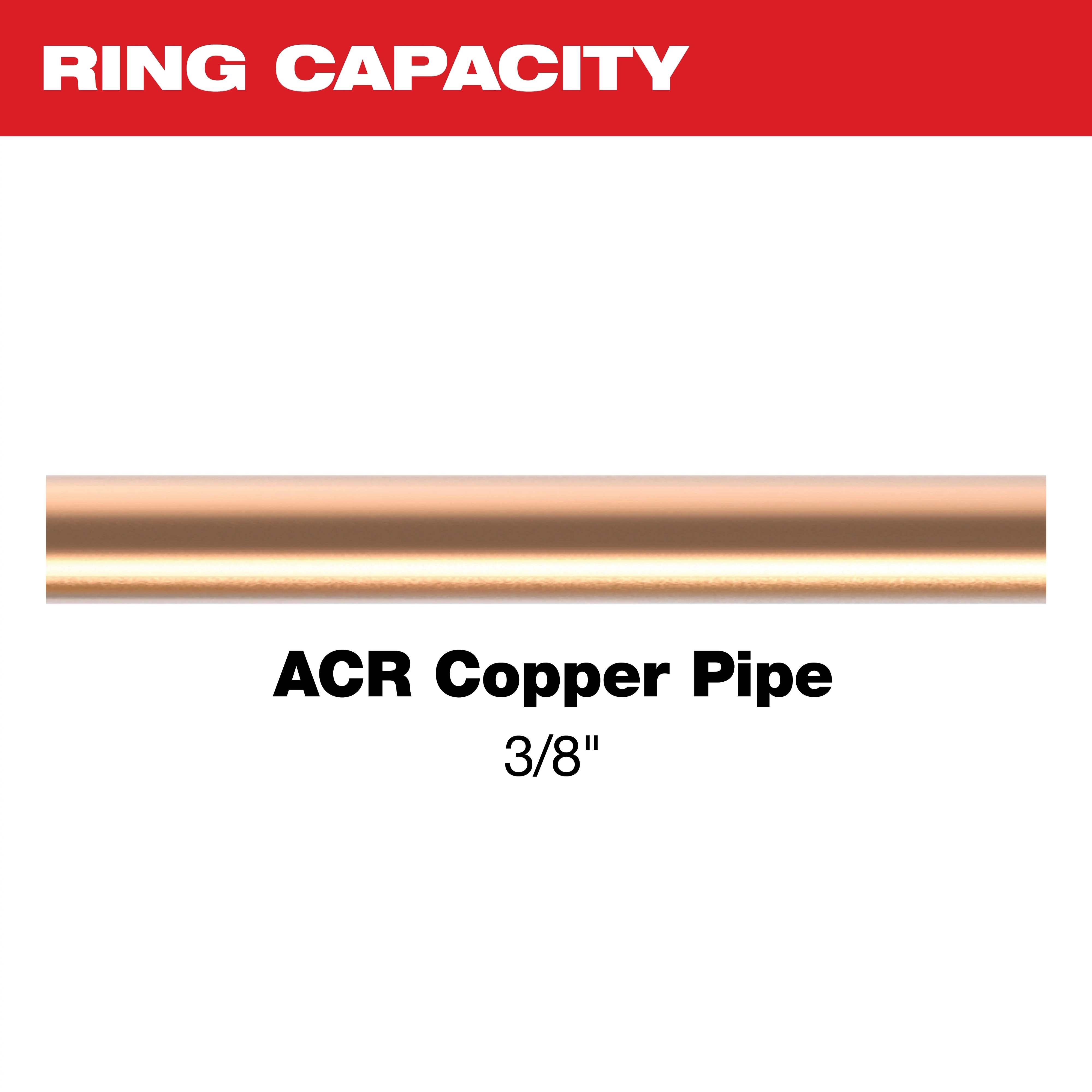 3/8" Streamline® ACR Pivoting Press Ring is depicted with a copper pipe labeled "ACR Copper Pipe 3/8"." The ring capacity is highlighted in a red banner at the top, and the copper pipe runs horizontally across the image.