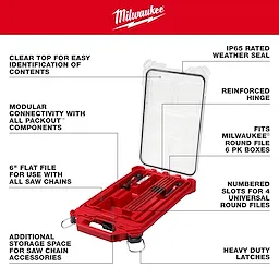 The 9pc Saw Chain Sharpening Set with PACKOUT™ Low-Profile Compact Organizer features a red storage box with a clear top, reinforced hinge, IP65 rated weather seal, and heavy-duty latches. It includes slots for four round files, a 6" flat file, and offers additional space for saw chain accessories.