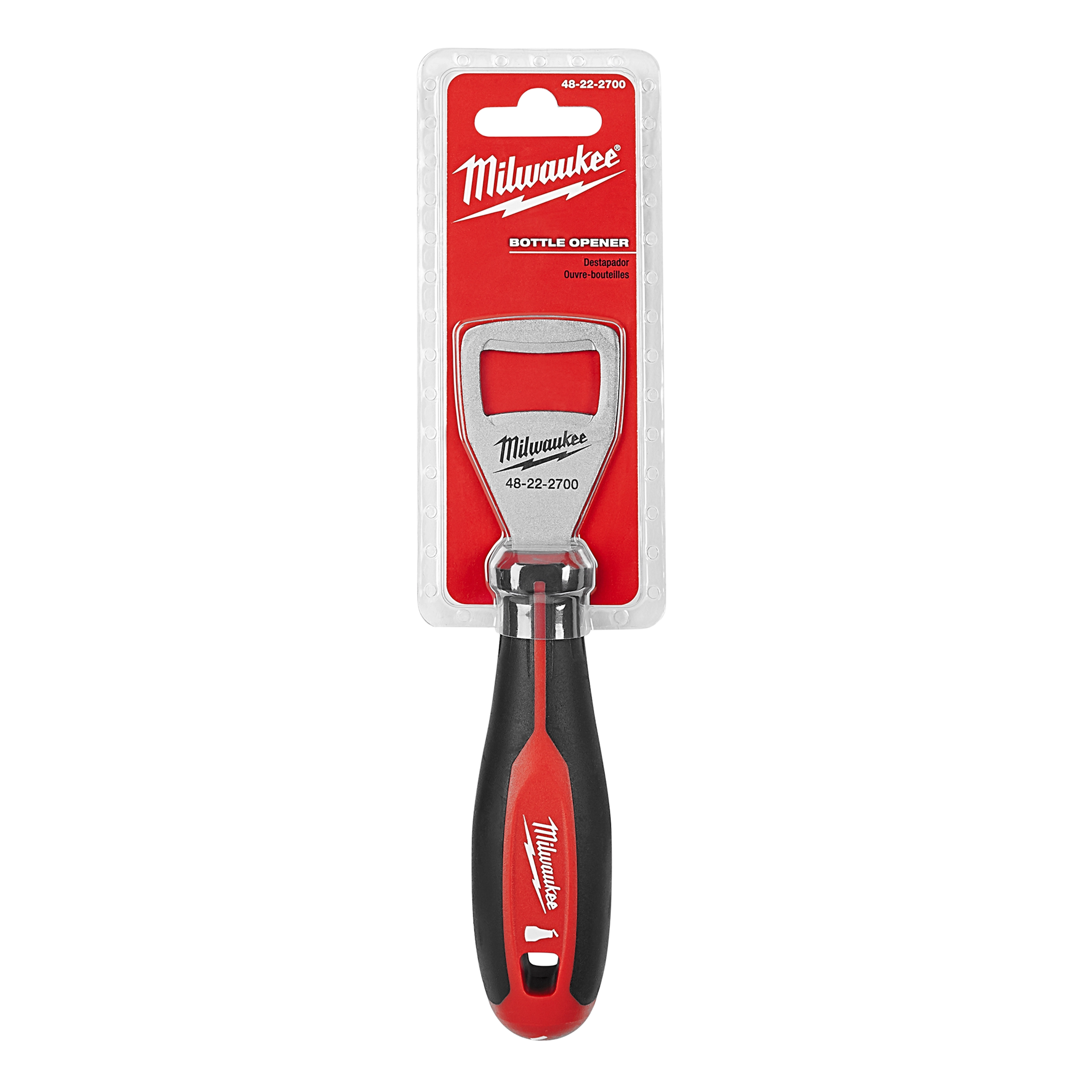 The Cushion Grip Bottle Opener features a black and red ergonomic handle, with the brand name in white on the handle and packaging.