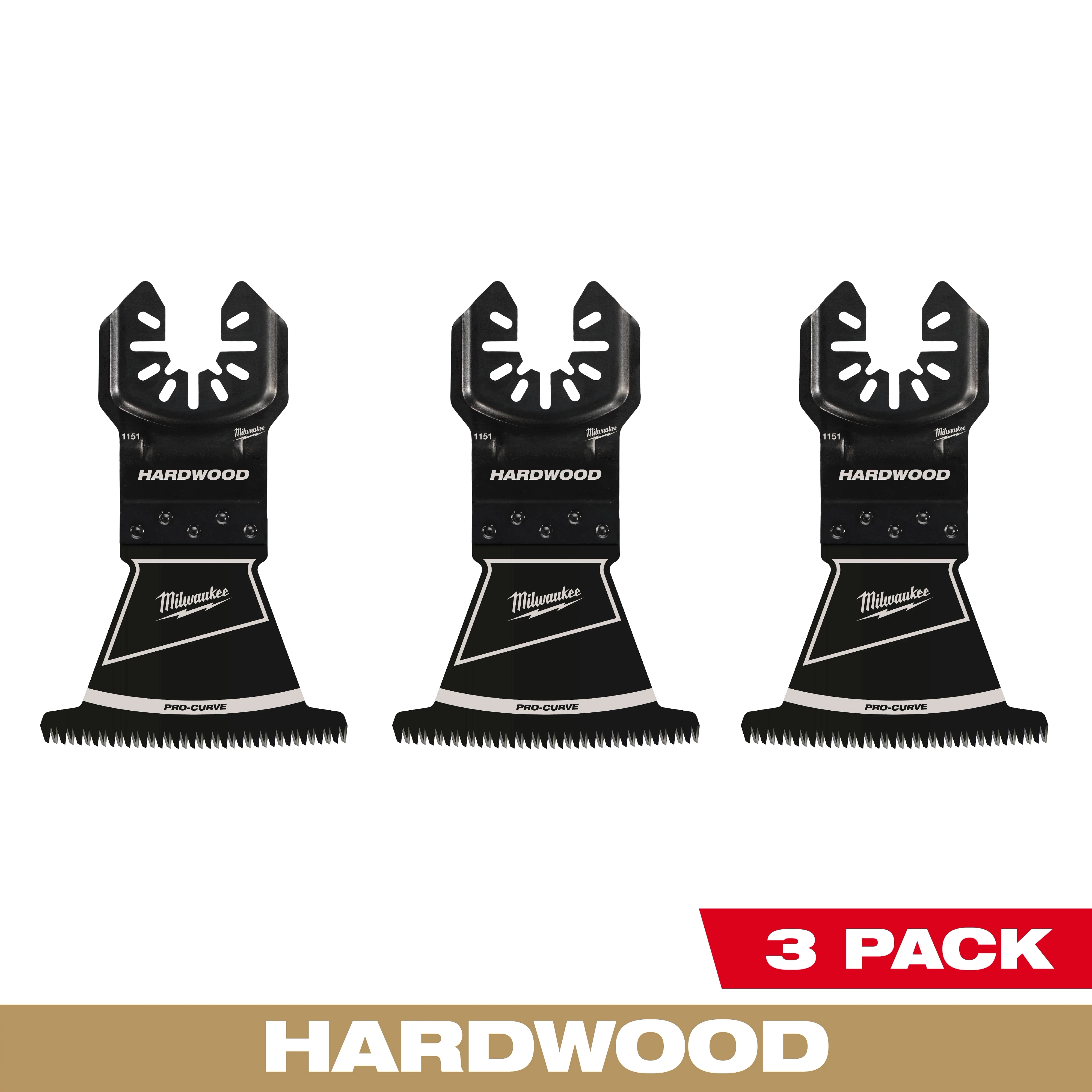 Milwaukee Open-Lok 2-1/2" HCS Japanese Tooth Pro-Curve Hardwood Multi-Tool Blades in a pack of 3, designed for hardwood cutting.