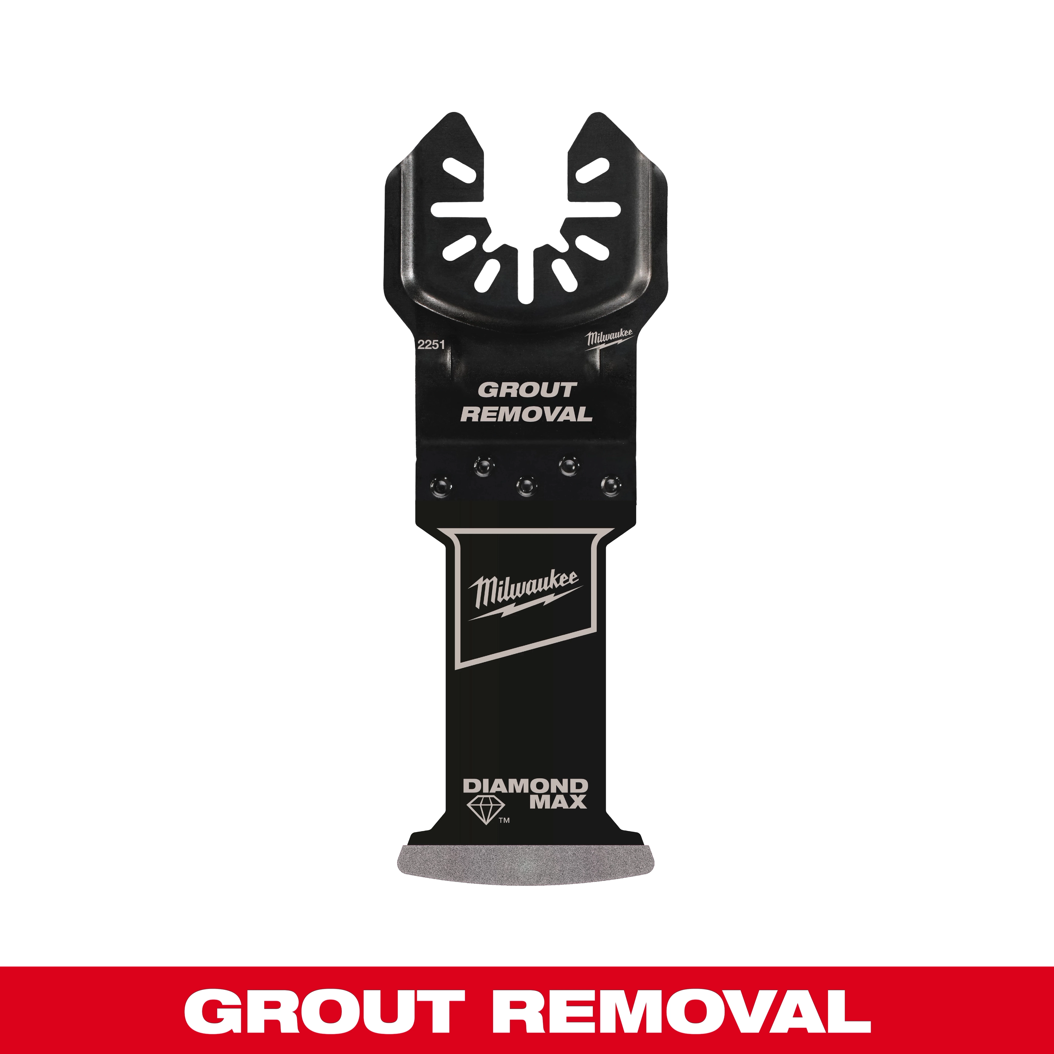 Image of a MILWAUKEE® OPEN-LOK™ DIAMOND MAX™ Diamond Grit Grout Removal Multi-Tool Plunge Blade. The black blade is designed for grout removal, featuring the Milwaukee logo and Diamond Max branding. The bottom has a grit coating. "GROUT REMOVAL" text appears at the top and bottom.