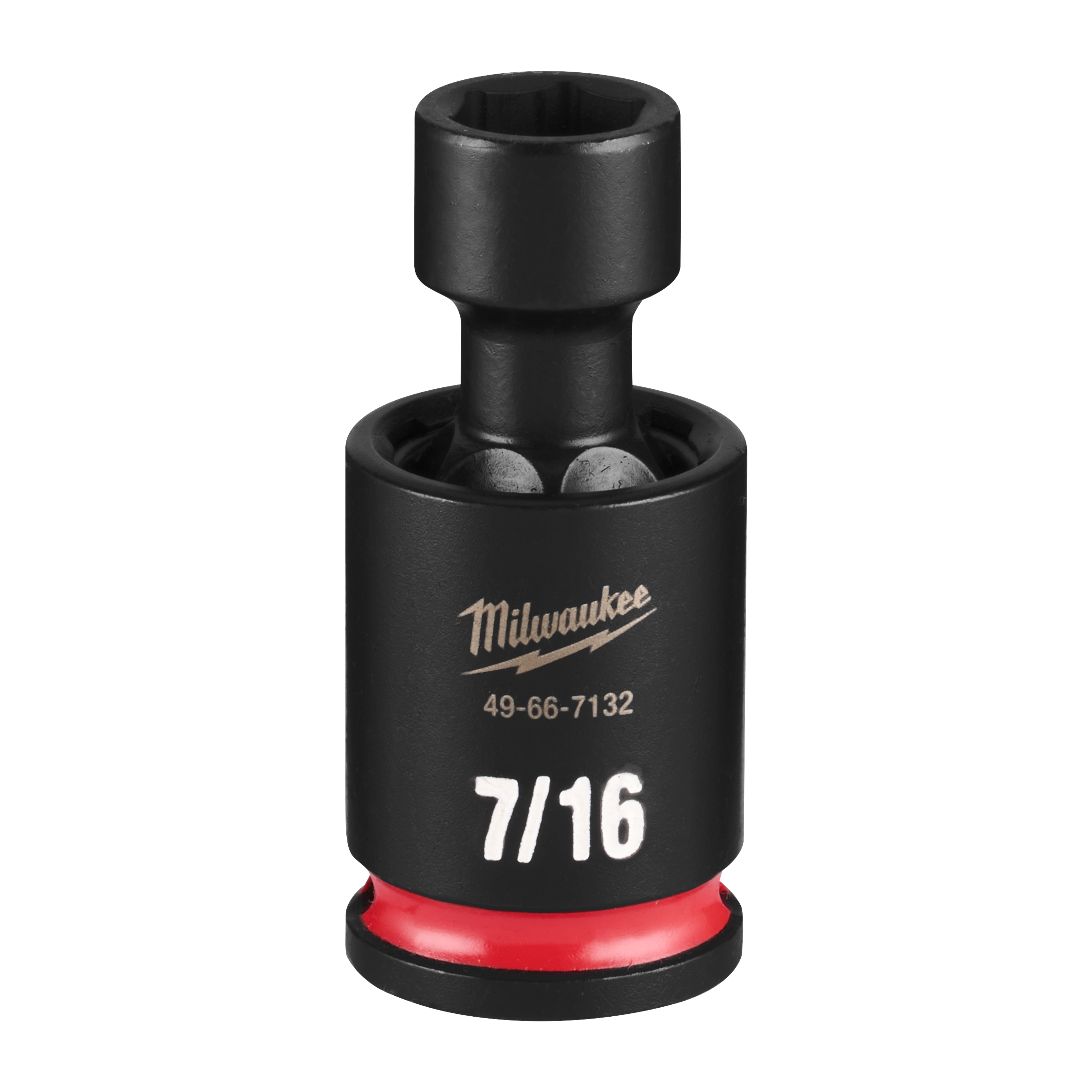 SHOCKWAVE Impact Duty 3/8" Drive 7/16" Standard Swivel Socket standing upright with 7/16 marking and red ring.