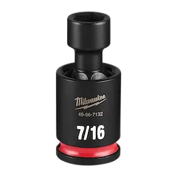 SHOCKWAVE Impact Duty 3/8" Drive 7/16" Standard Swivel Socket standing upright with 7/16 marking and red ring.