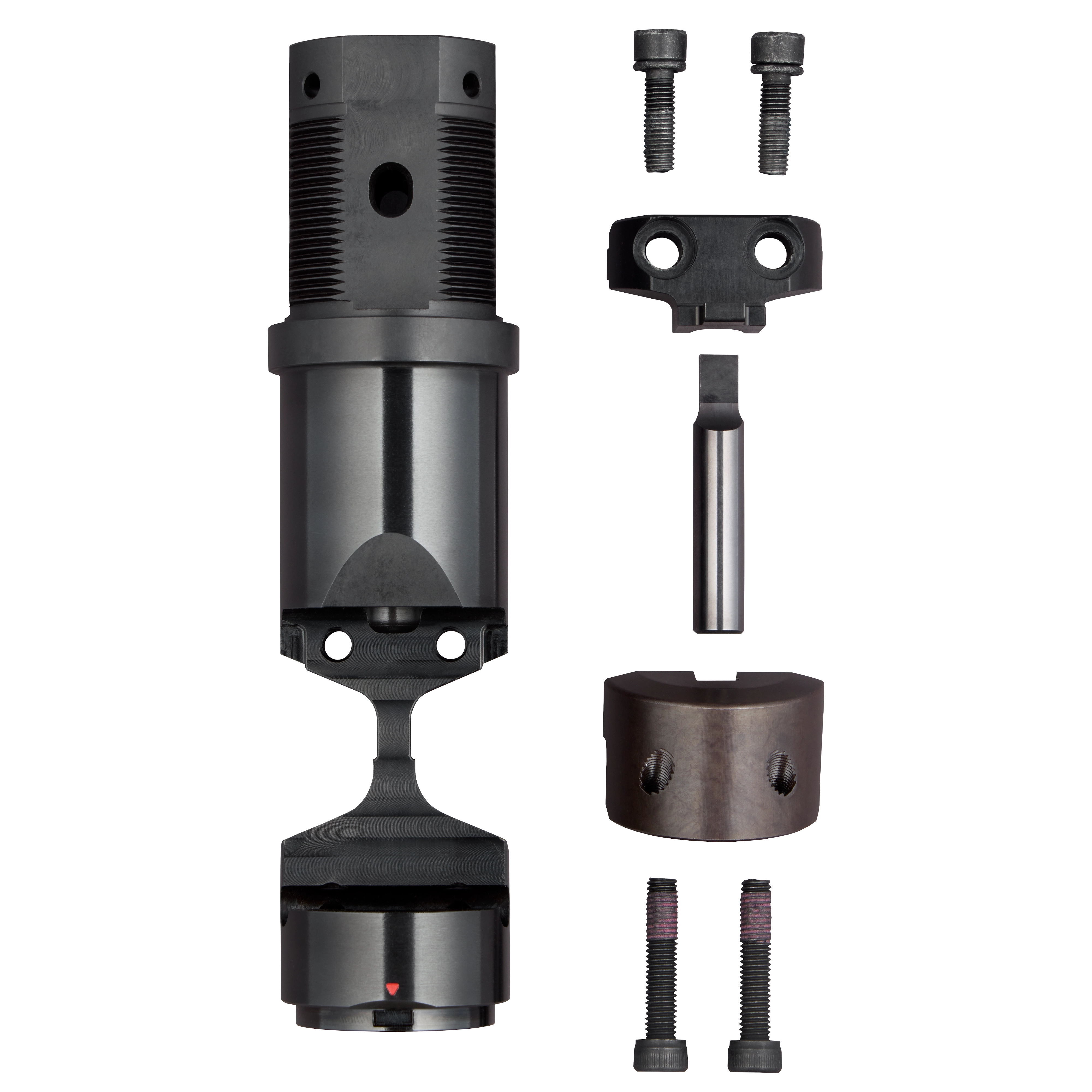 The image shows the M18 FUEL™ 10 Ga Die Holder Kit, disassembled into its key components. The parts displayed include screws, a cylindrical holder, a die block, and other metallic components arranged in a systematic order.