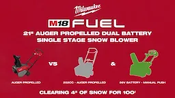The demo shows a Milwaukee M18 FUEL™ 21" Auger Propelled Dual Battery Single Stage Snow Blower. It is red and black with a handlebar, auger at the front, and two small wheels. The blower is designed for clearing snow efficiently.