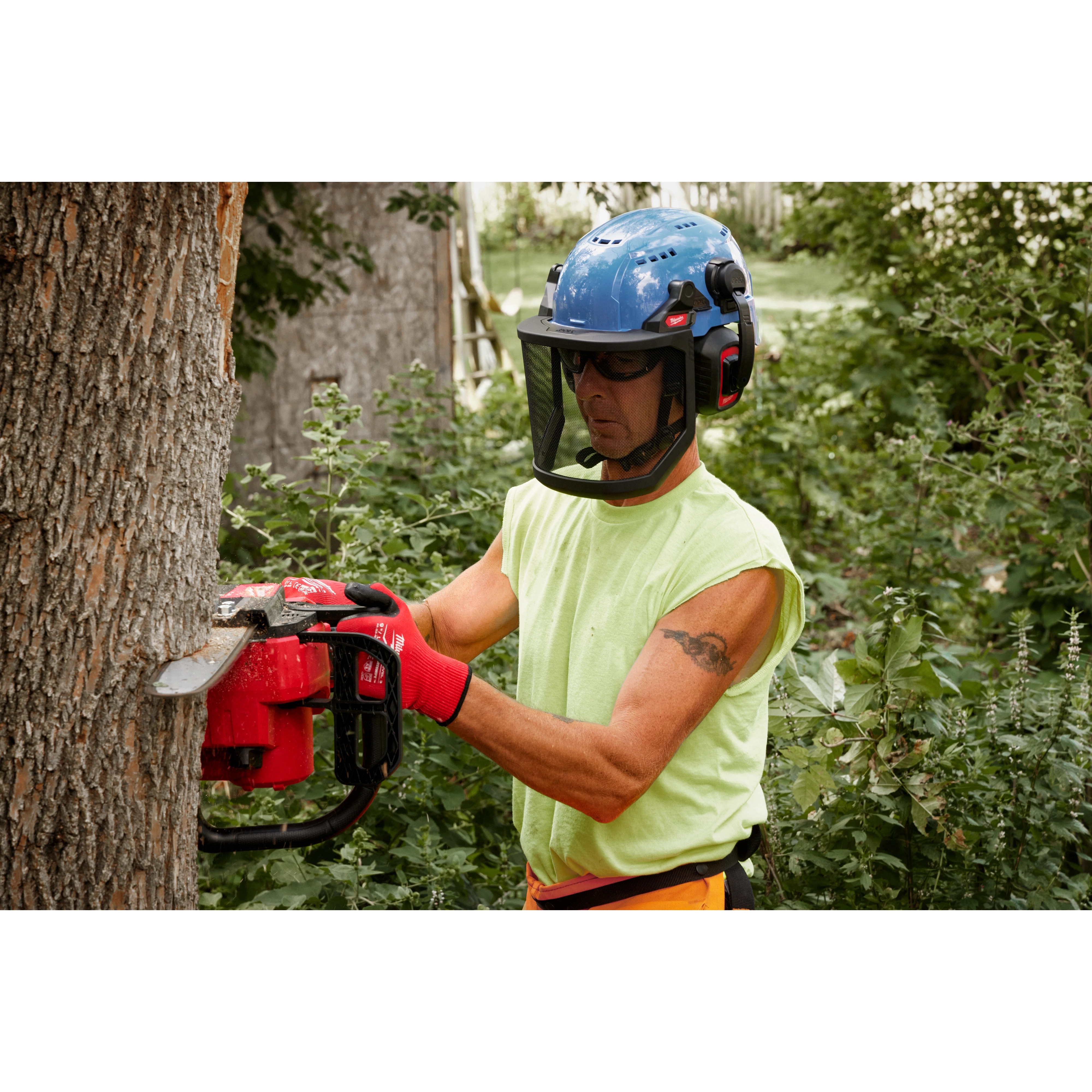 Worker wearing the BOLT Full Face Shield Metal Mesh for protection from debris