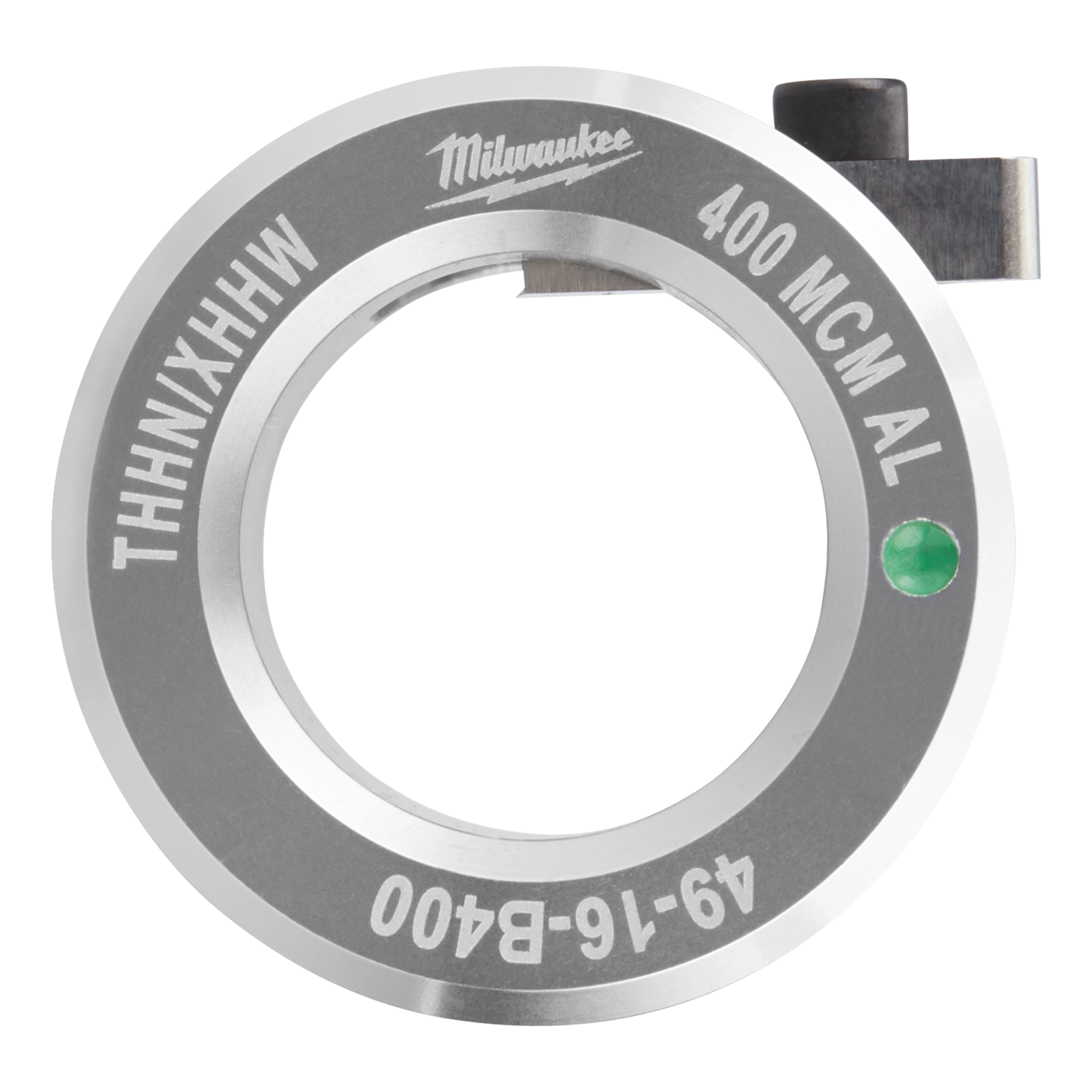 Milwaukee 49-16-B400 die for THHN/XHHW 400 MCM aluminum wire, featuring a circular gray metal design with engraved text.